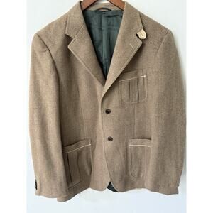 Roberto Verino Mens Wool Cashmere Jacket Size 52 Brown Herringbone Elbow Patches